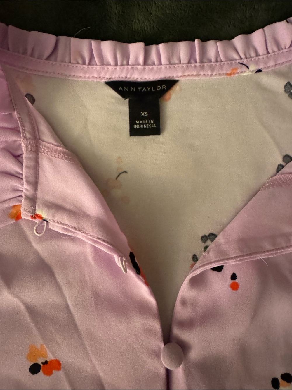 Ann Taylor Lavender Ruffle Collar Blouse with Floral Dots